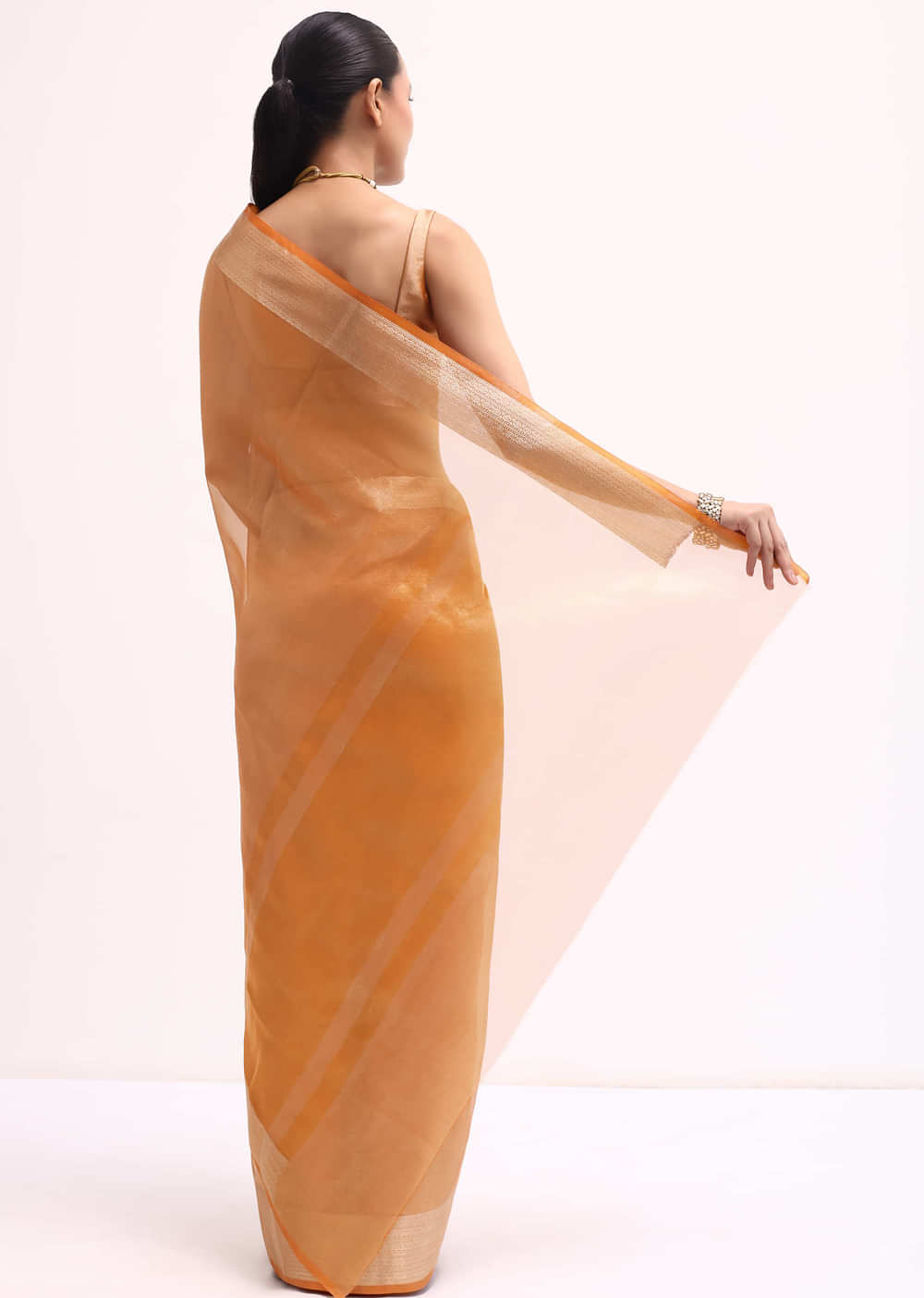 Orangish Gold Zari Chanderi Silk Saree With Unstitched Blouse