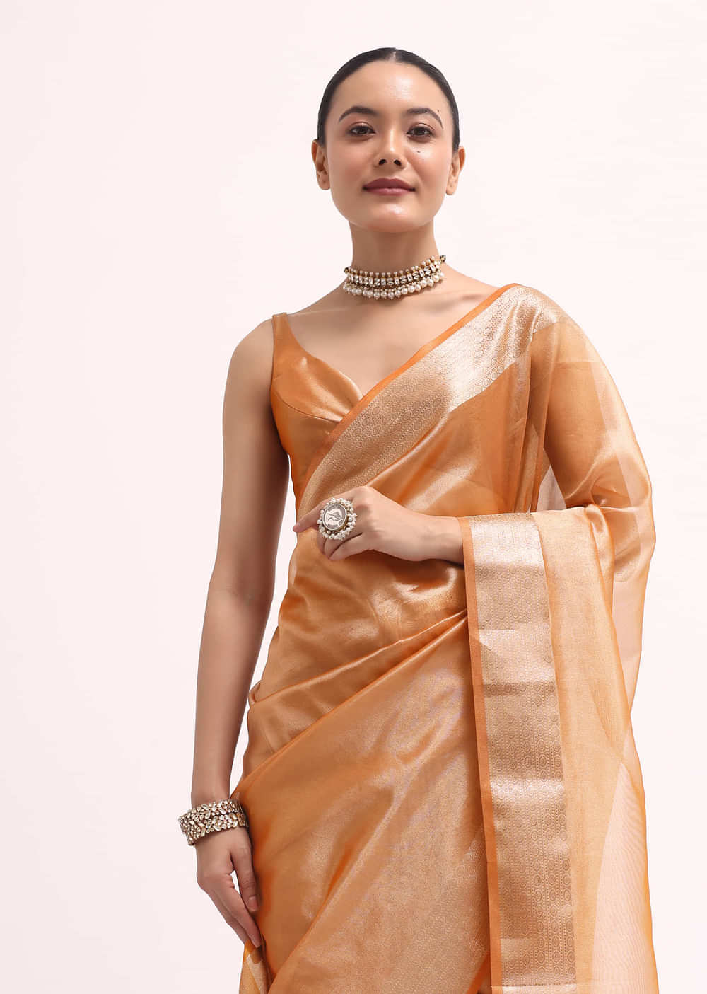 Orangish Gold Zari Chanderi Silk Saree With Unstitched Blouse