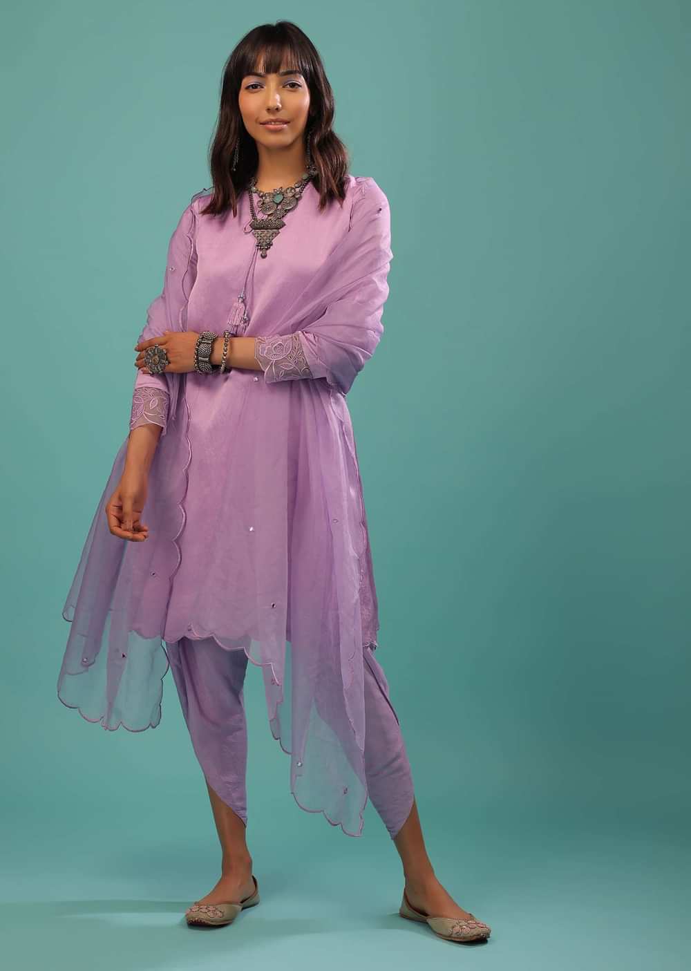Lavender Purple Linen Silk Dhoti Suit With Floral Embroidered Organza Cuffs