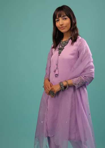 Lavender Purple Linen Silk Dhoti Suit With Floral Embroidered Organza Cuffs