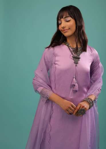 Lavender Purple Linen Silk Dhoti Suit With Floral Embroidered Organza Cuffs