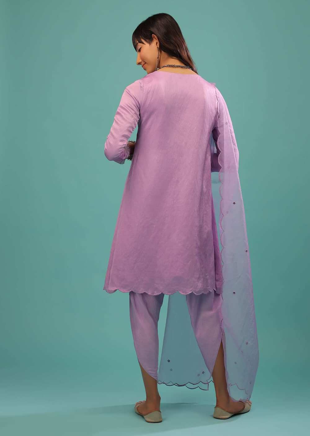 Lavender Purple Linen Silk Dhoti Suit With Floral Embroidered Organza Cuffs