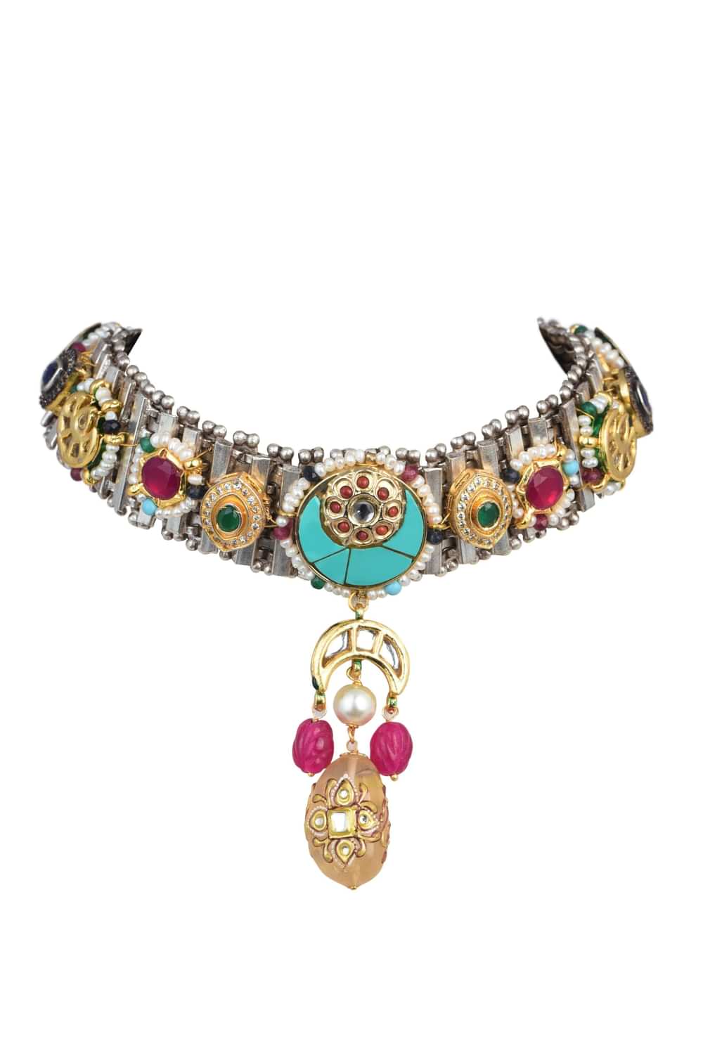 Oxidised Pendant Necklace Set With Bead Drops And Floral Motifs