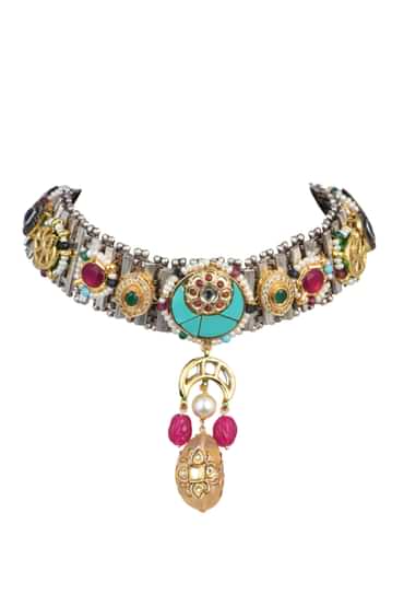 Oxidised Pendant Necklace Set With Bead Drops And Floral Motifs