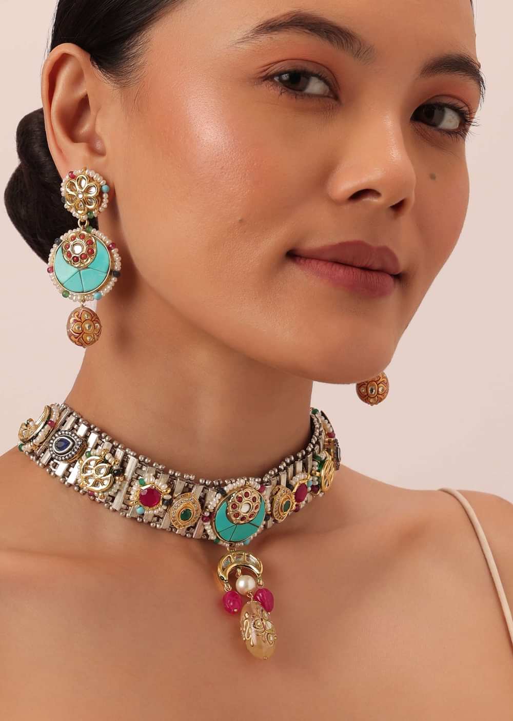 Oxidised Pendant Necklace Set With Bead Drops And Floral Motifs