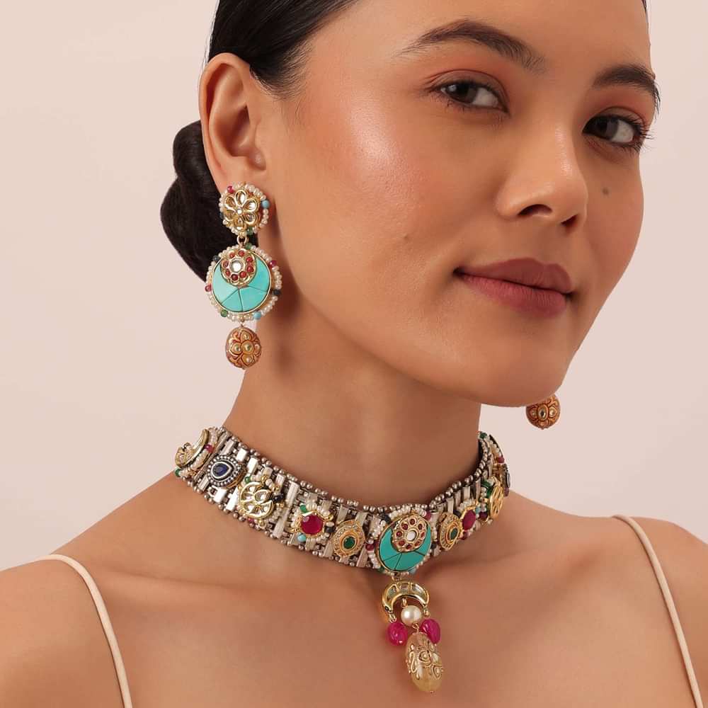 Oxidised Pendant Necklace Set With Bead Drops And Floral Motifs