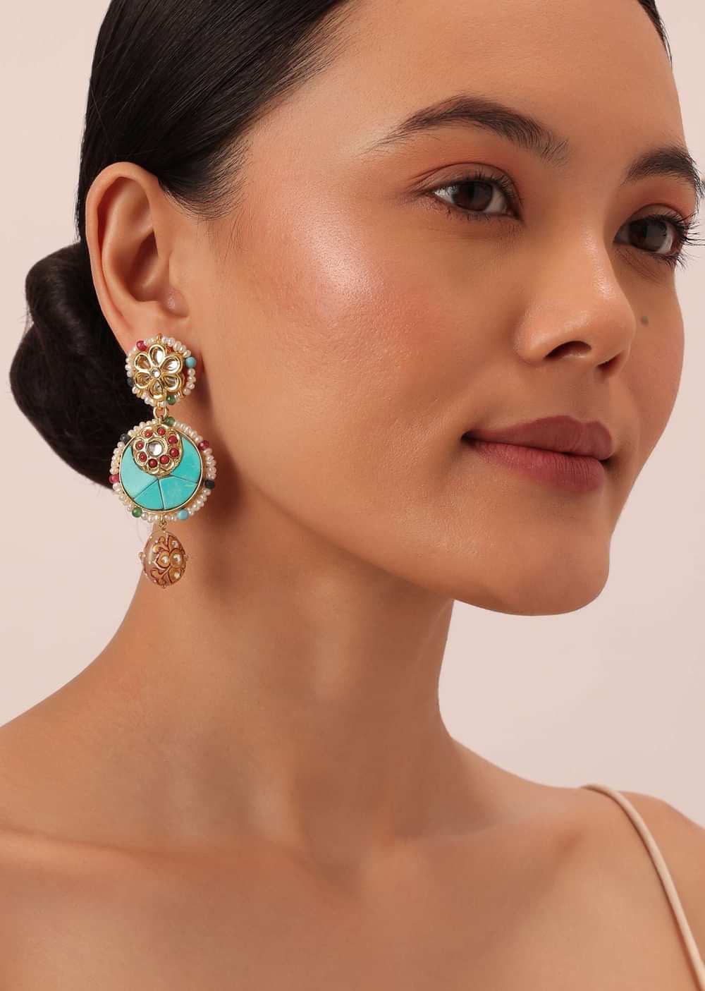 Oxidised Pendant Necklace Set With Bead Drops And Floral Motifs