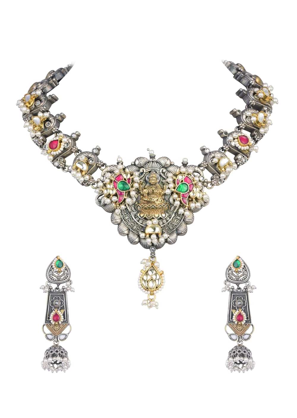 Oxidized Meenakari Necklace With Long Jhumkas