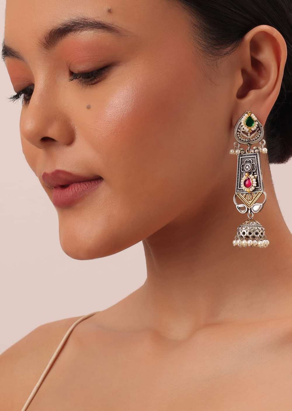 Oxidized Meenakari Necklace With Long Jhumkas