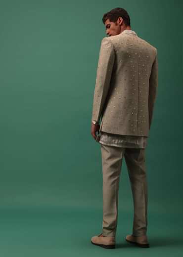 Oyster-Shaded Detailed Organza Kurta Set With Embroidered Jacket