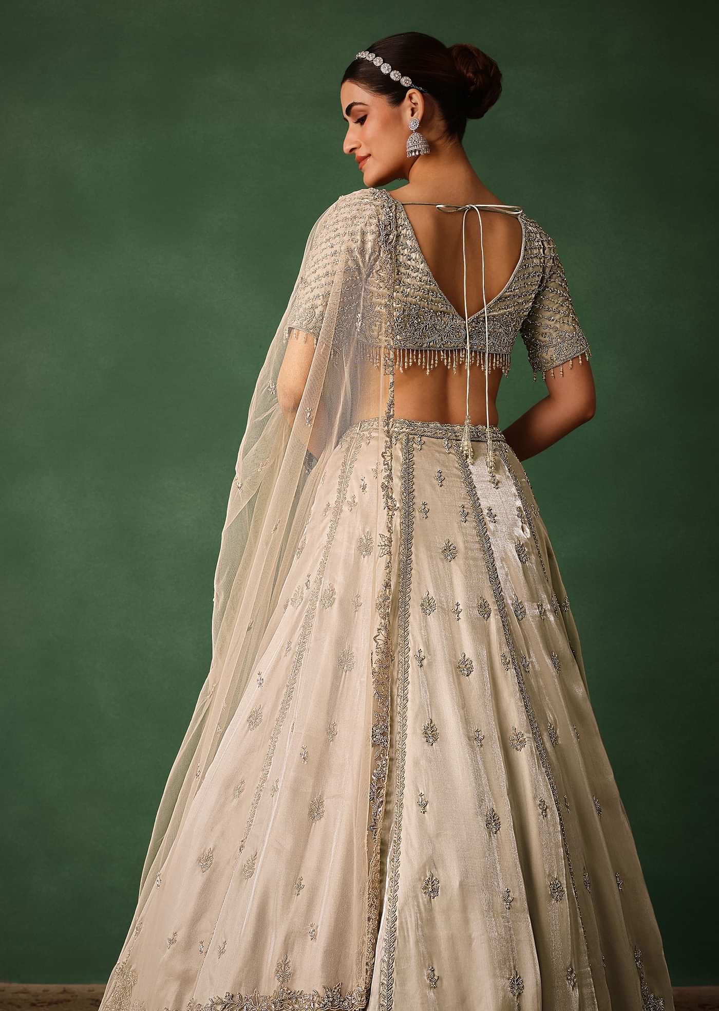 Oyster Hand Embroidered Organza Lehenga Set With Cutdana Work