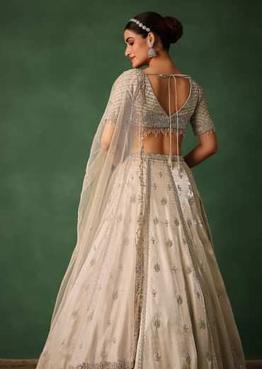 Oyster Hand Embroidered Organza Lehenga Set With Cutdana Work