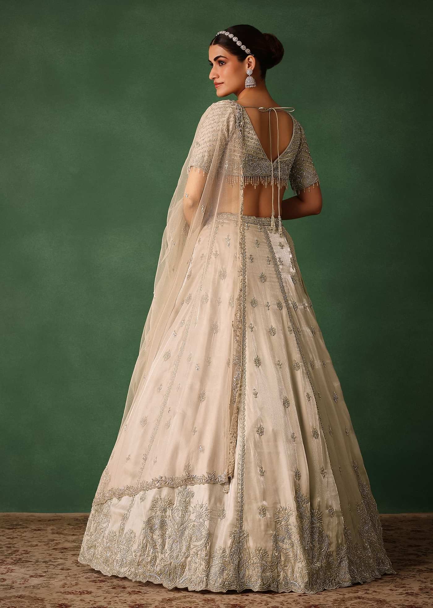 Oyster Hand Embroidered Organza Lehenga Set With Cutdana Work