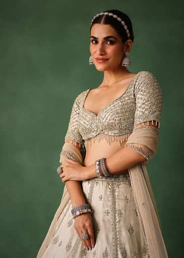 Oyster Hand Embroidered Organza Lehenga Set With Cutdana Work