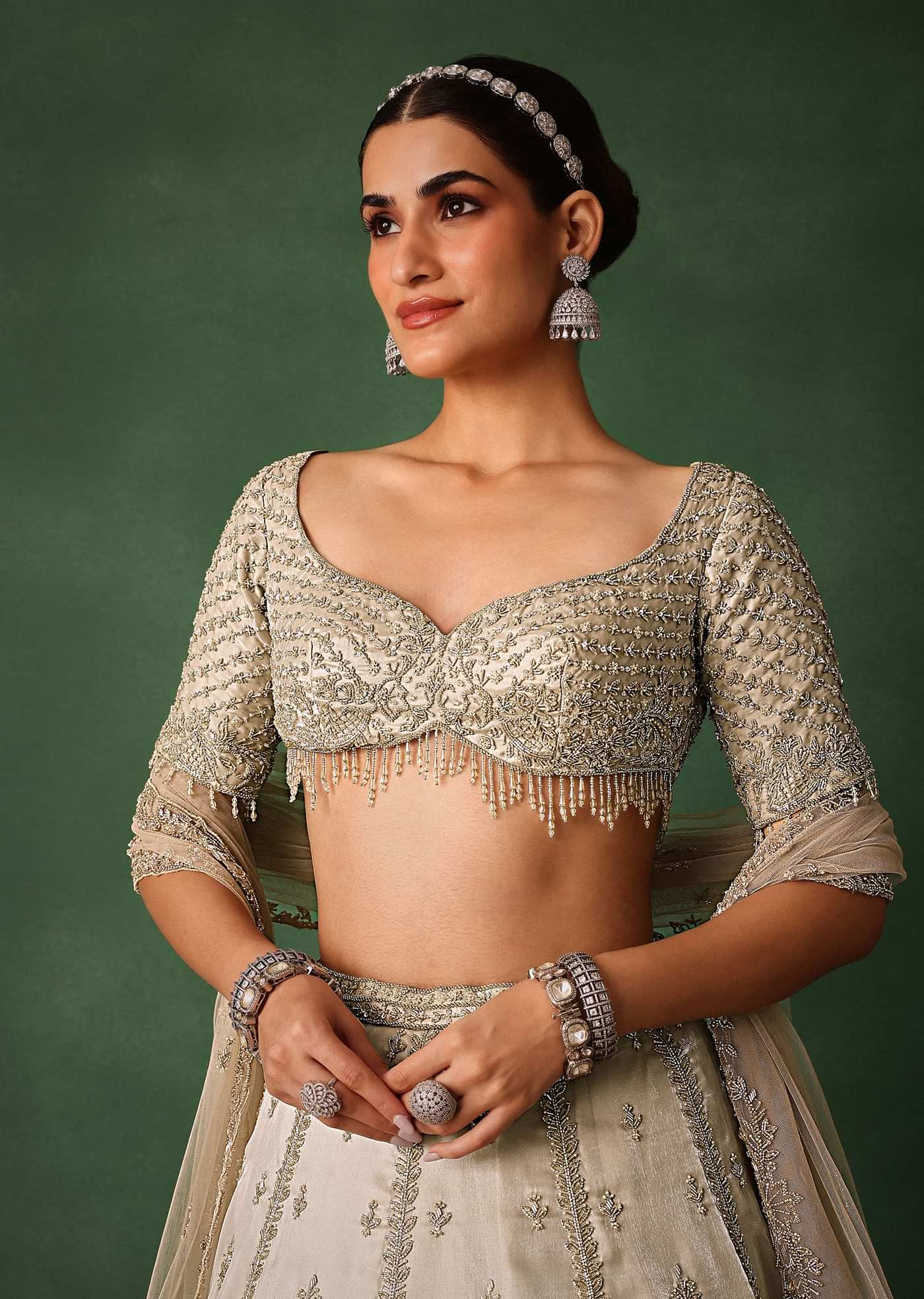 Oyster Hand Embroidered Organza Lehenga Set With Cutdana Work