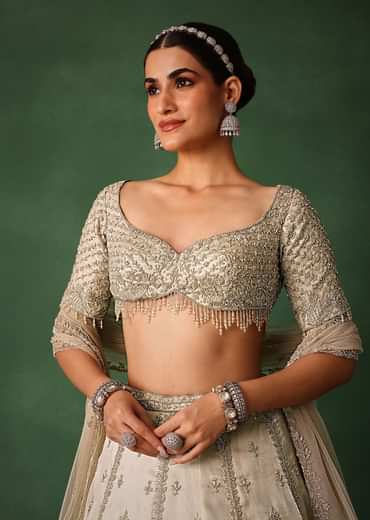Oyster Hand Embroidered Organza Lehenga Set With Cutdana Work