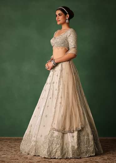 Oyster Hand Embroidered Organza Lehenga Set With Cutdana Work