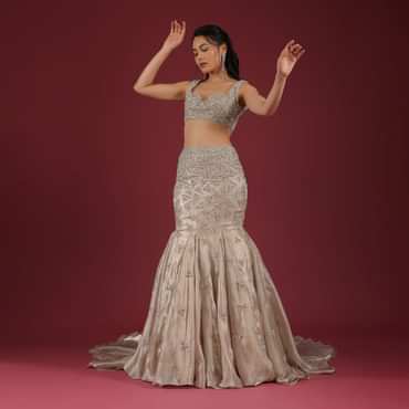 Organza Oyster Mermaid Lehenga With A Stone Motif Veil And Crop Top