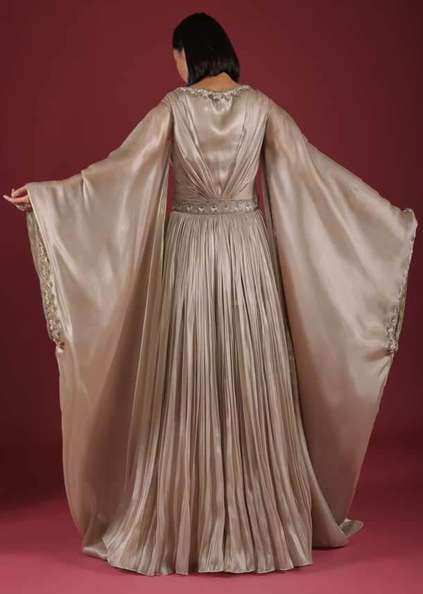 Oyster Organza Gown With Wide Sleeves, Fabricated In Tissue Organza In A Deep V Neckline