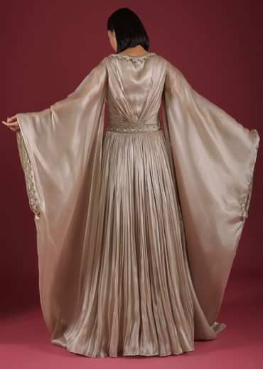 Oyster Organza Gown In Wide Sleeves, Crafted In Tissue Organza In A Deep V Neckline