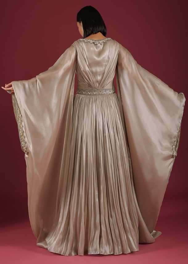 Oyster Organza Gown In Wide Sleeves, Crafted In Tissue Organza In A Deep V Neckline