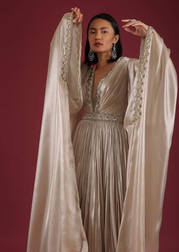 Oyster Organza Gown In Wide Sleeves, Crafted In Tissue Organza In A Deep V Neckline