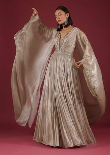 Oyster Organza Gown In Wide Sleeves, Crafted In Tissue Organza In A Deep V Neckline