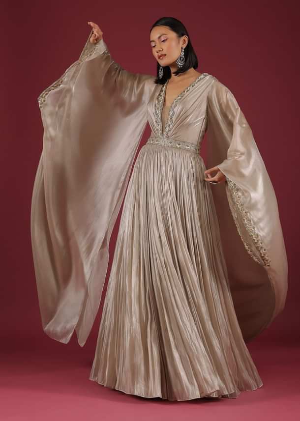 Oyster Organza Gown In Wide Sleeves, Crafted In Tissue Organza In A Deep V Neckline