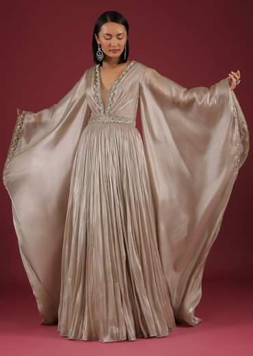 Oyster Organza Gown In Wide Sleeves, Crafted In Tissue Organza In A Deep V Neckline