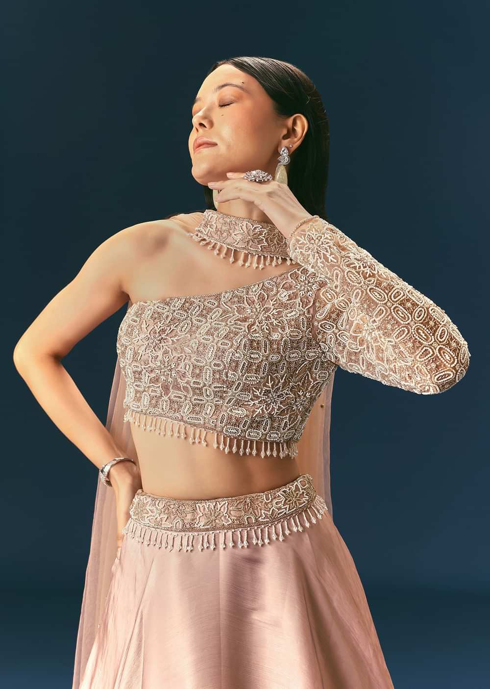 Oyster Organza Embroidered Lehenga Set With Dupatta