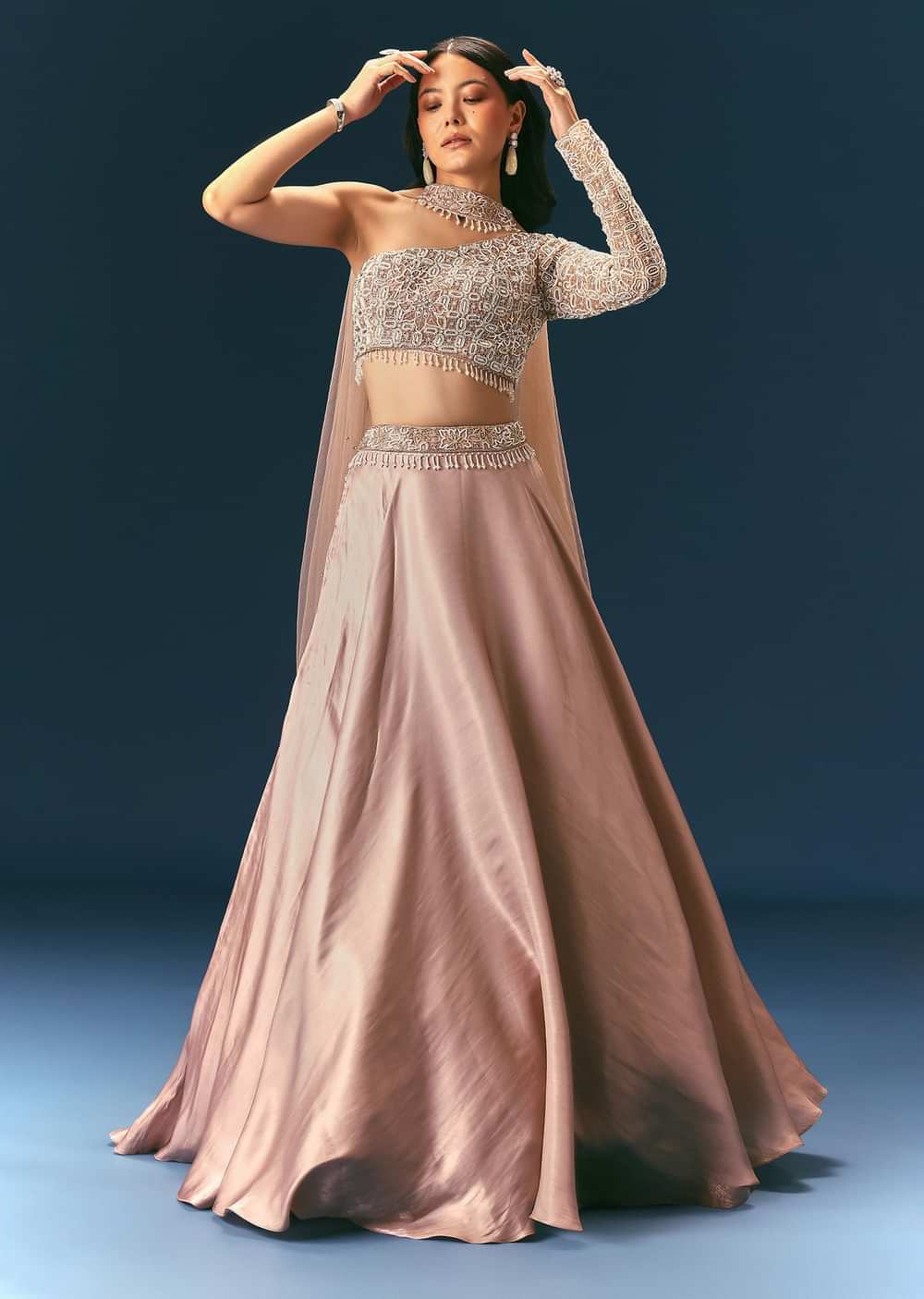 Oyster Organza Embroidered Lehenga Set With Dupatta