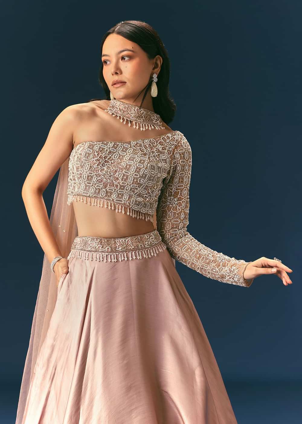 Oyster Organza Embroidered Lehenga Set With Dupatta