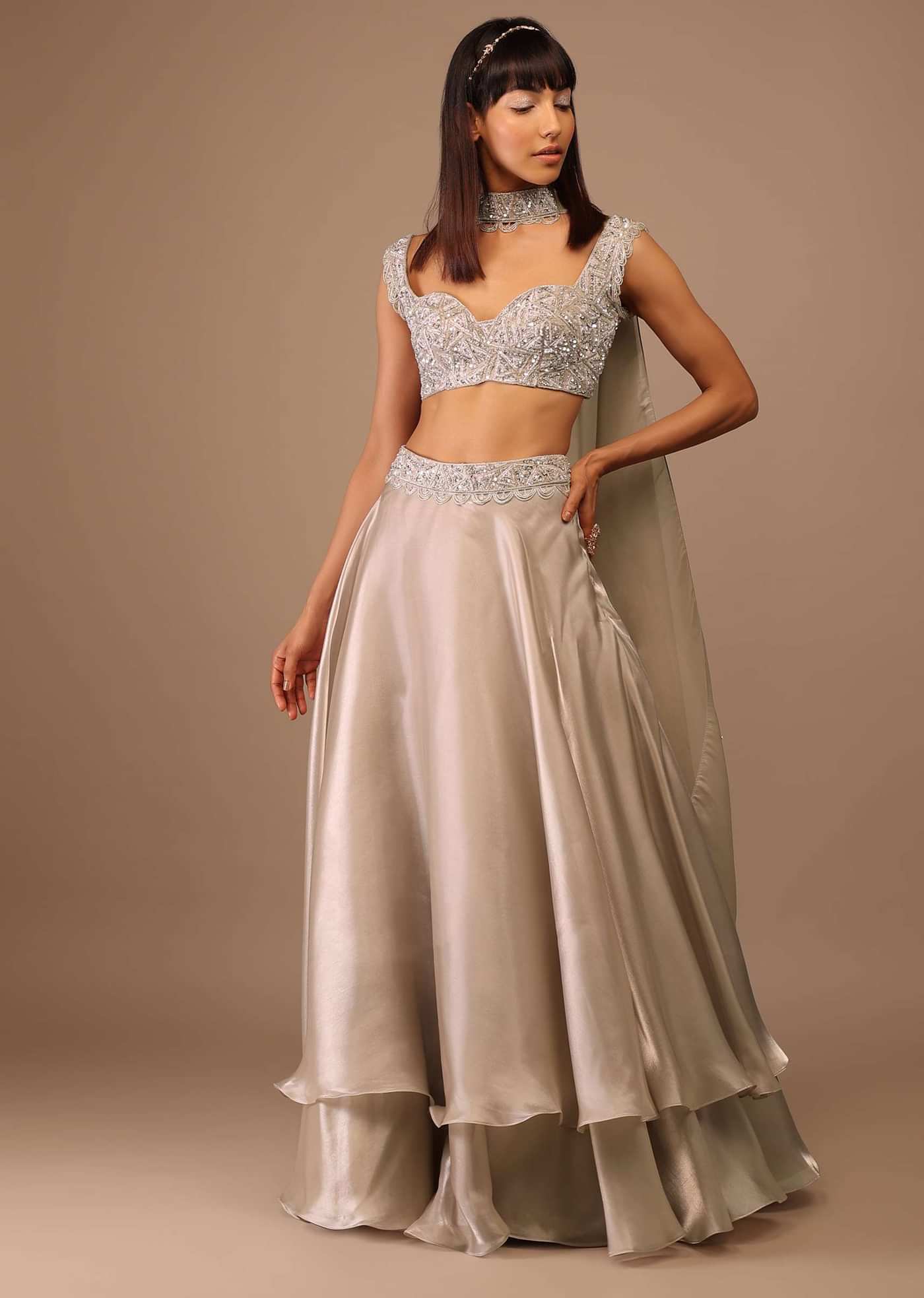 Oyster Organza Layered Skirt With Sleeveless Hand Embroidered Crop Top