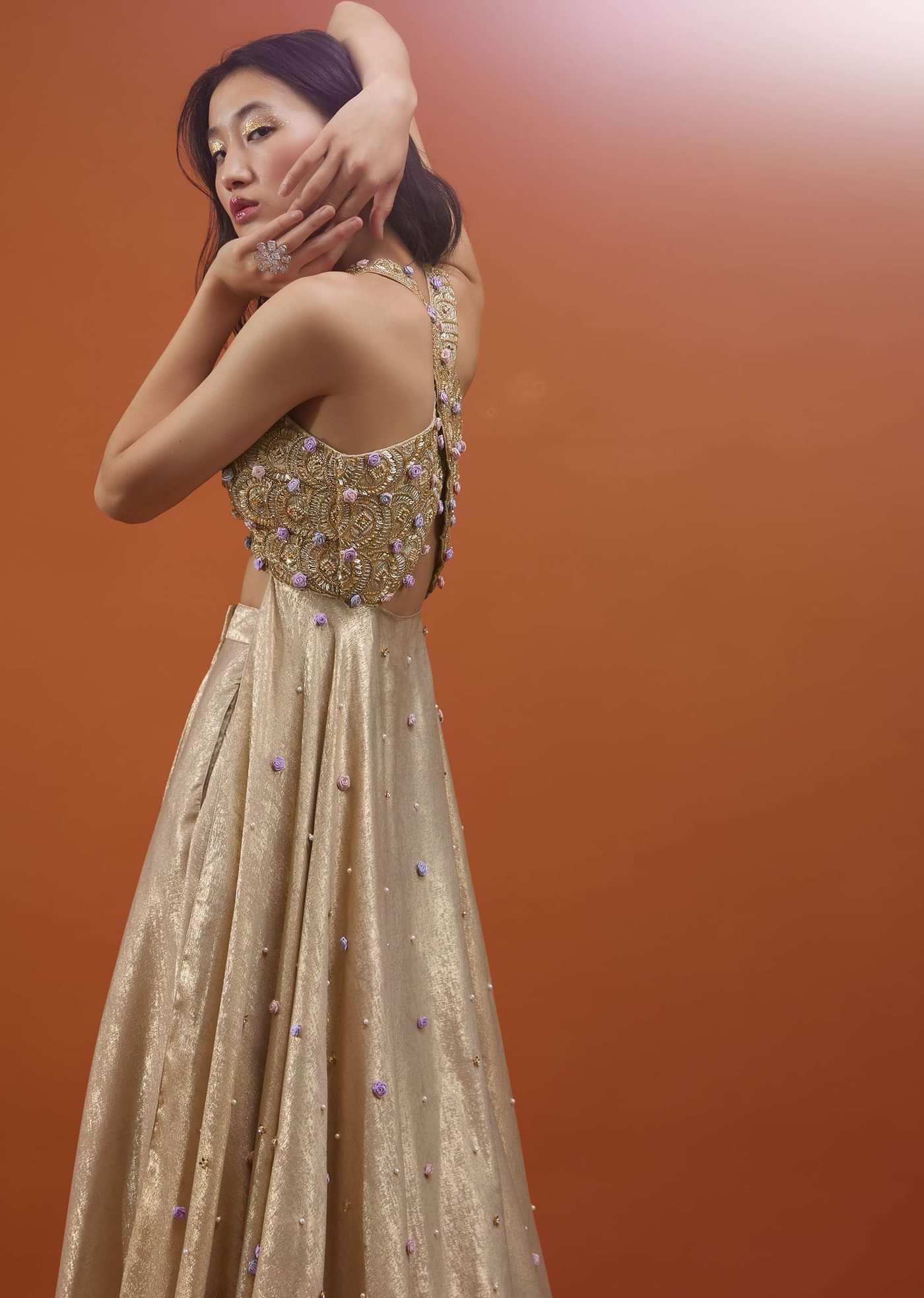 Gold Toned Palazzo Top In With Attached Cape - NOOR 2022