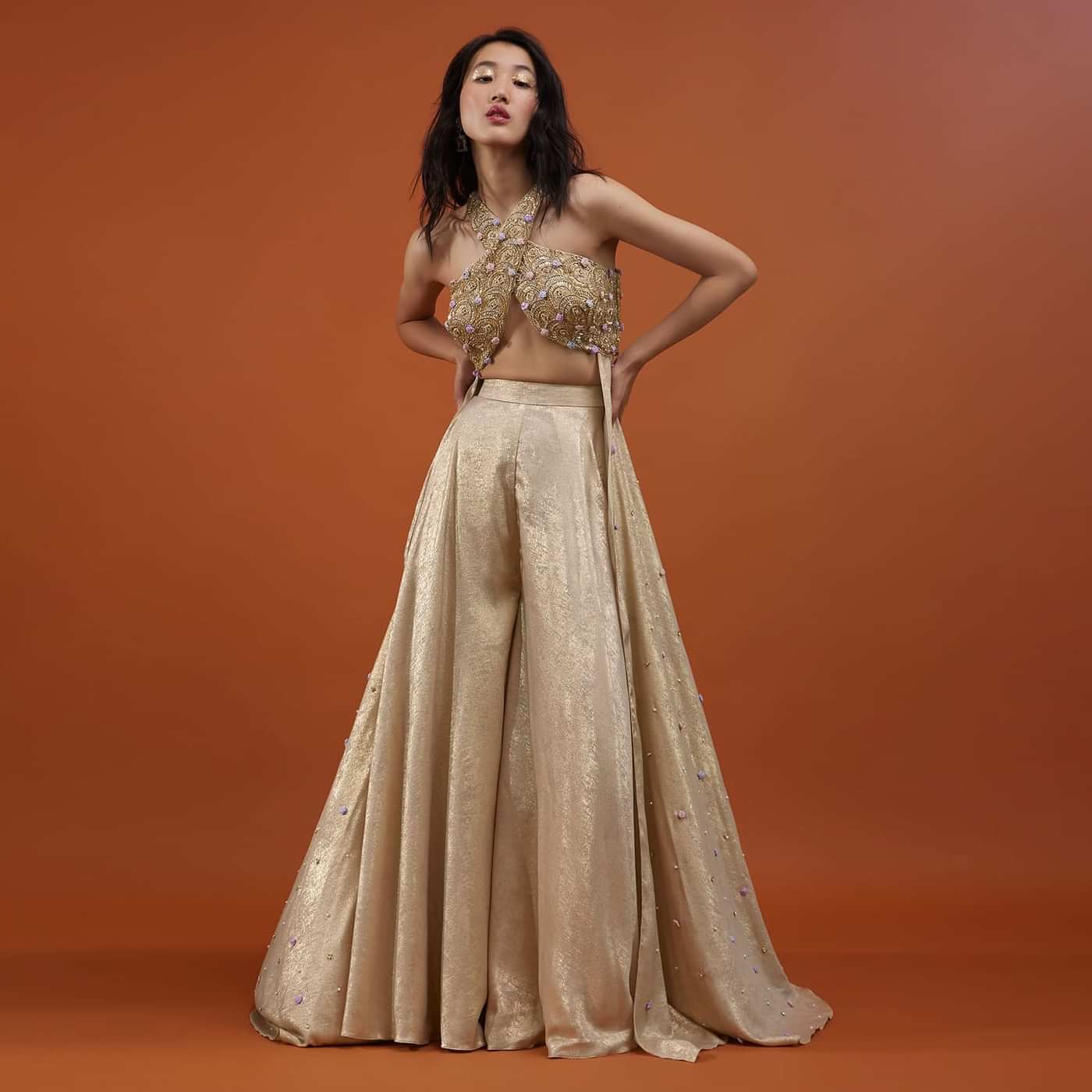 Gold Toned Palazzo Top In With Attached Cape - NOOR 2022