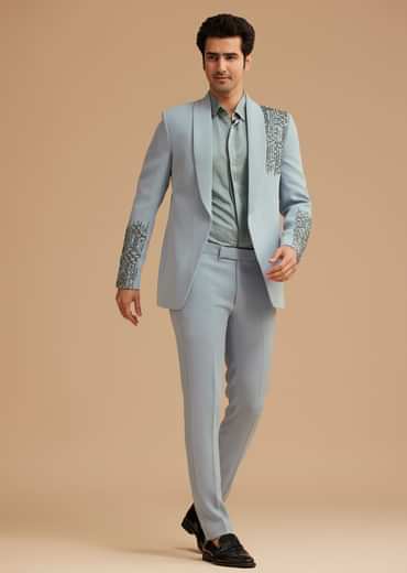 Pale Blue Cotton Satin Tuxedo With Handcrafted Cut Dana Work