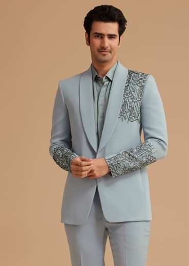 Pale Blue Cotton Satin Tuxedo With Handcrafted Cut Dana Work