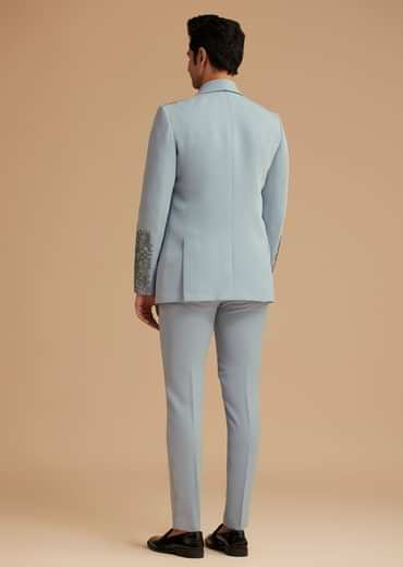 Pale Blue Cotton Satin Tuxedo With Handcrafted Cut Dana Work