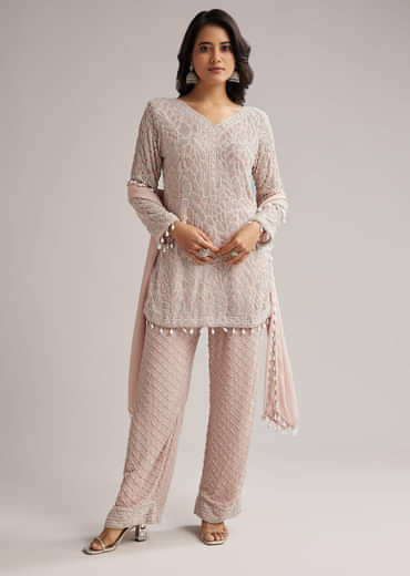 Pale Pink Beaded Kurti Pant Set With Dupatta