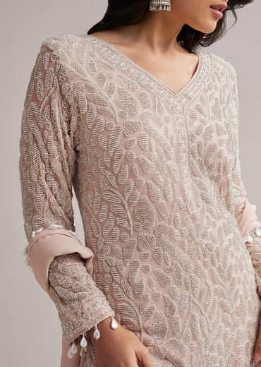 Pale Pink Beaded Kurti Pant Set With Dupatta