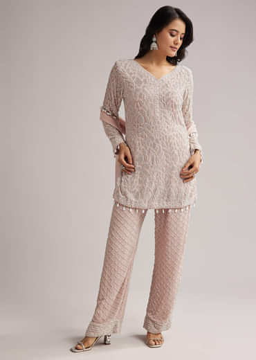 Pale Pink Beaded Kurti Pant Set With Dupatta