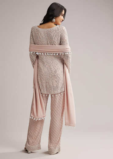 Pale Pink Beaded Kurti Pant Set With Dupatta