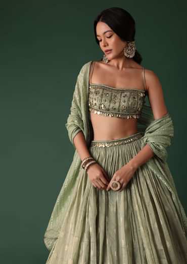 Pale Olive Green Printed Lehenga And Blouse Set In Banarasi Silk