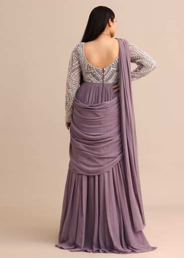 Blue Lilac Pre Drape Suit With Pearl Work