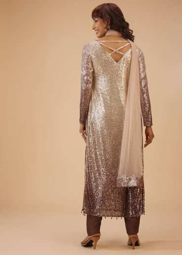 Coffee Brown And Silver Gradient Shade Pant Suit Set In Sequins