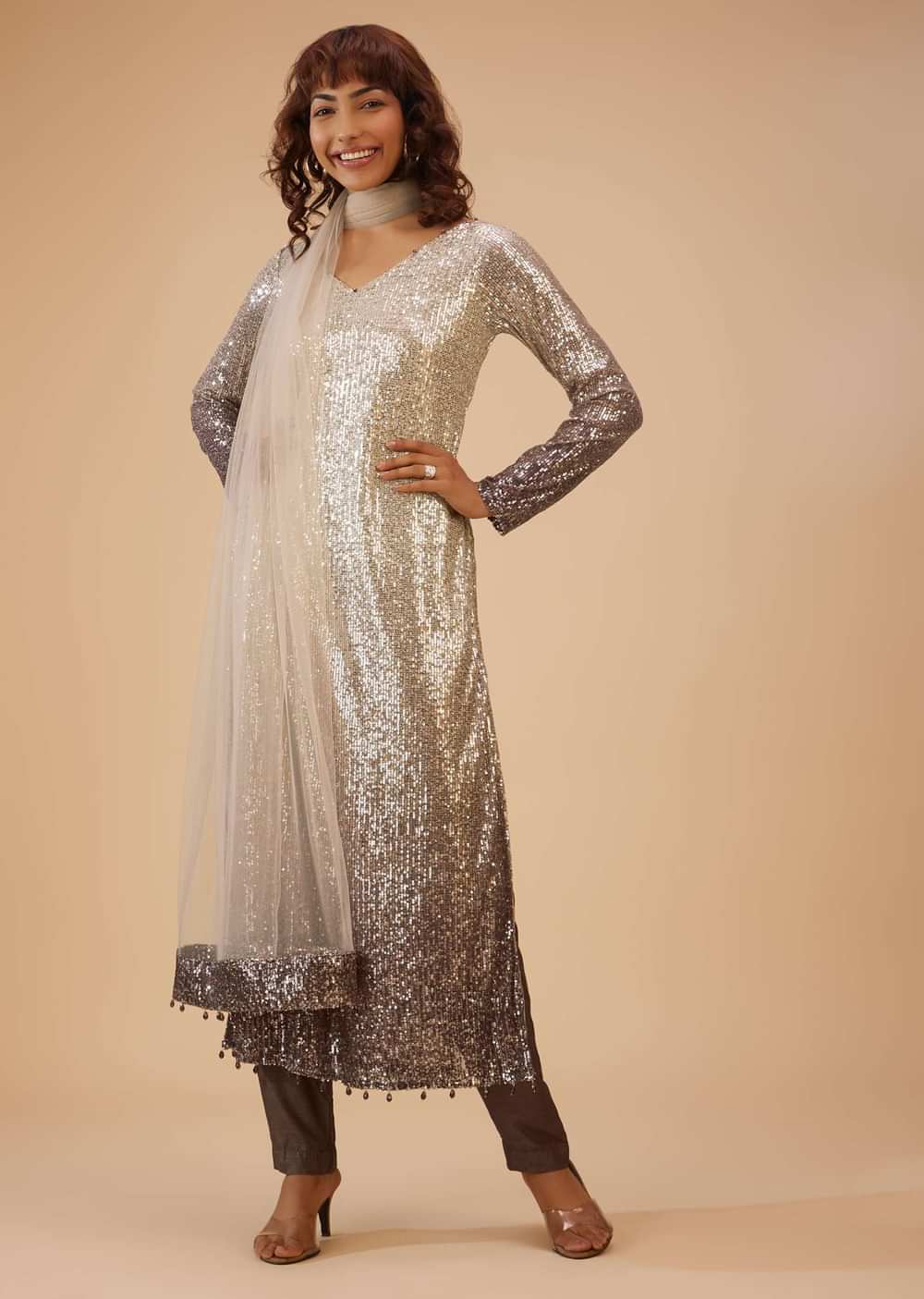 Coffee Brown And Silver Gradient Shade Pant Suit Set In Sequins