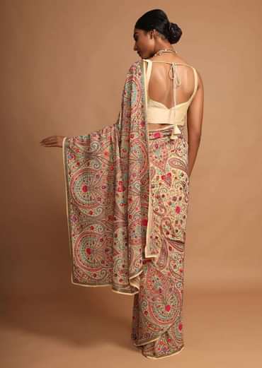 Parmesan Beige Saree With Kashmiri Embroidery In Floral Jaal Design