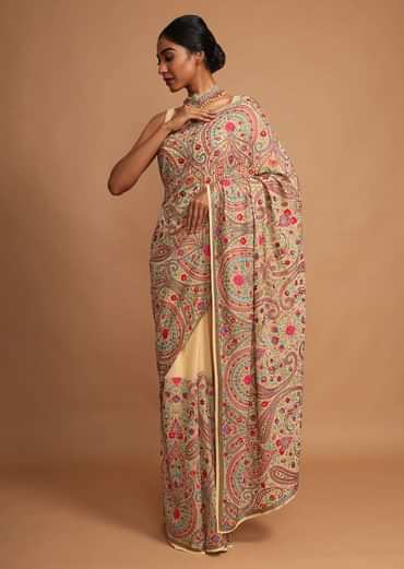 Parmesan Beige Saree With Kashmiri Embroidery In Floral Jaal Design