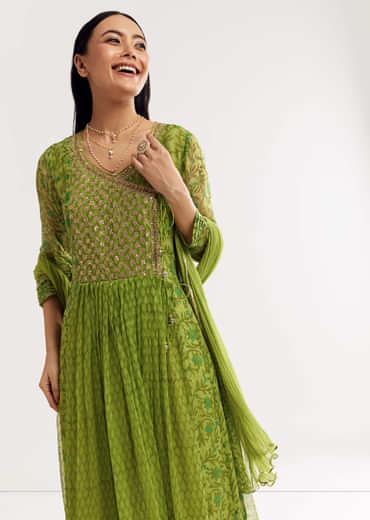 Parrot Green Floral Chiffon Anarkali Kurta Set With Dupatta