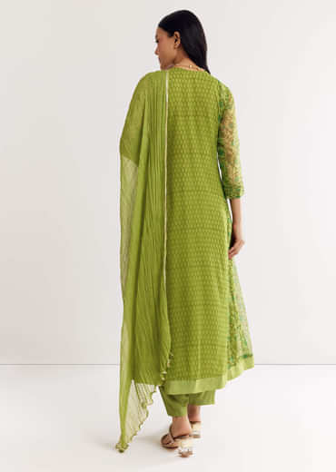 Parrot Green Floral Chiffon Anarkali Kurta Set With Dupatta